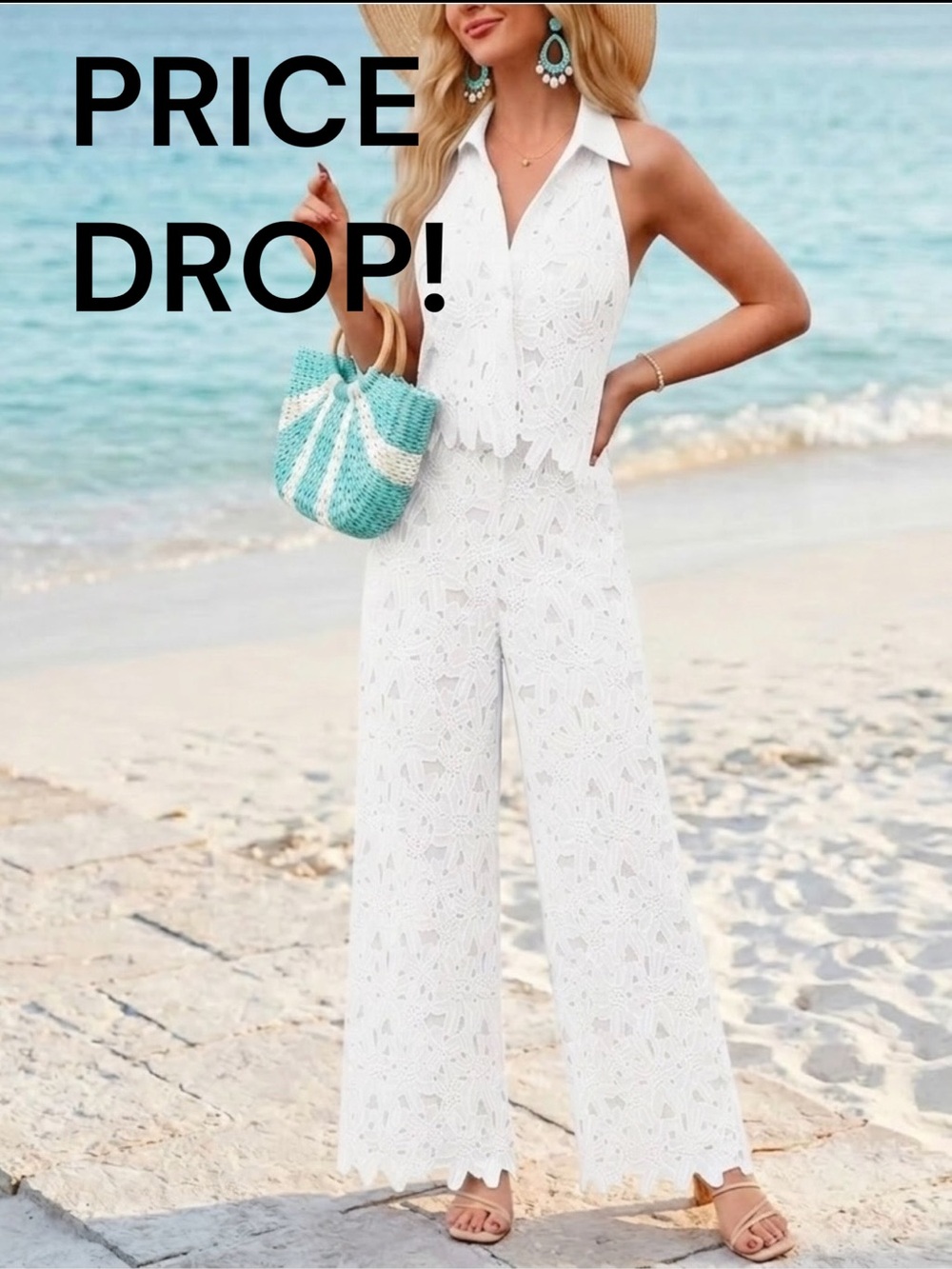 White Crochet Sleeveless Collared button up top and coordinating pants Sz S